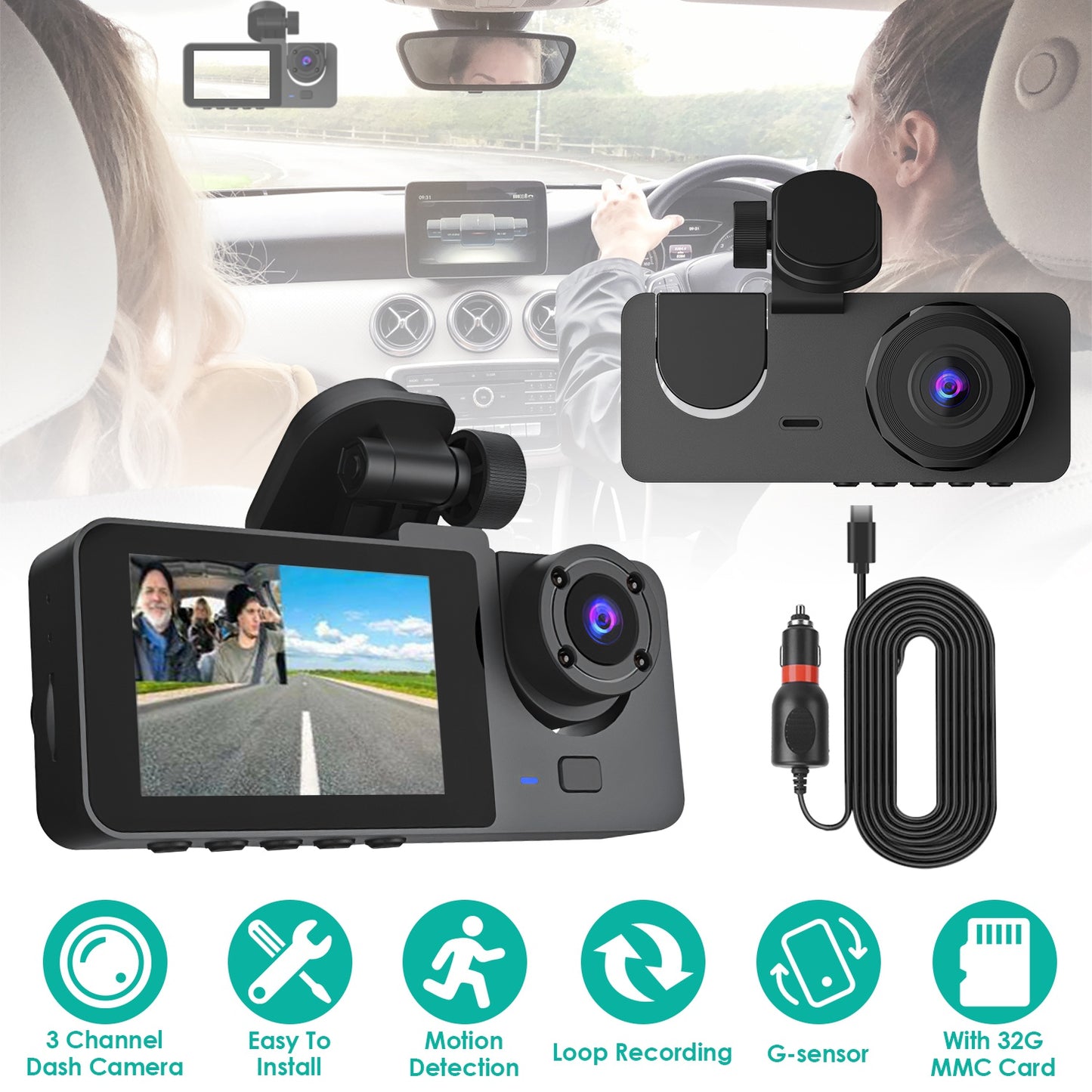 3 Channel Dash Cam Front Inside Rear Vehicle Driving Recorder Car DVR With 32G MMC Card.