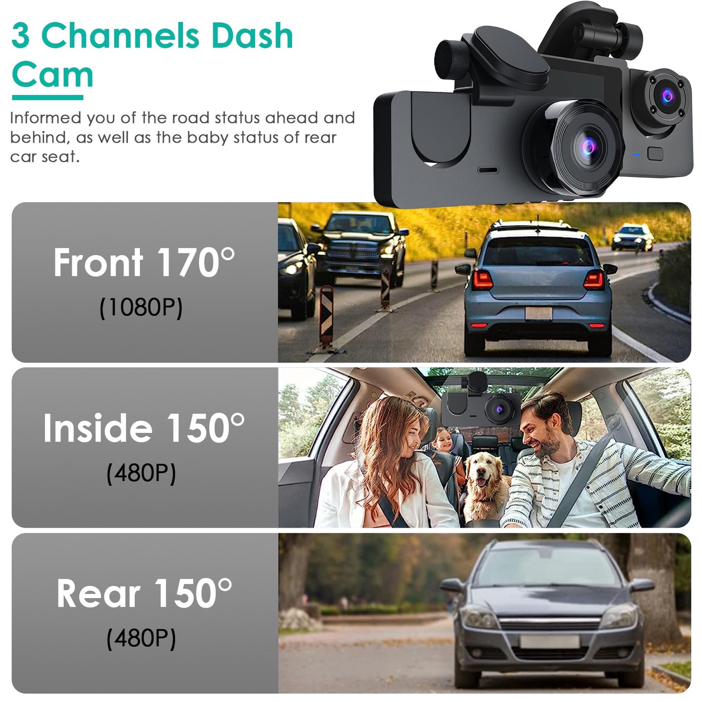 3 Channel Dash Cam Front Inside Rear Vehicle Driving Recorder Car DVR With 32G MMC Card.