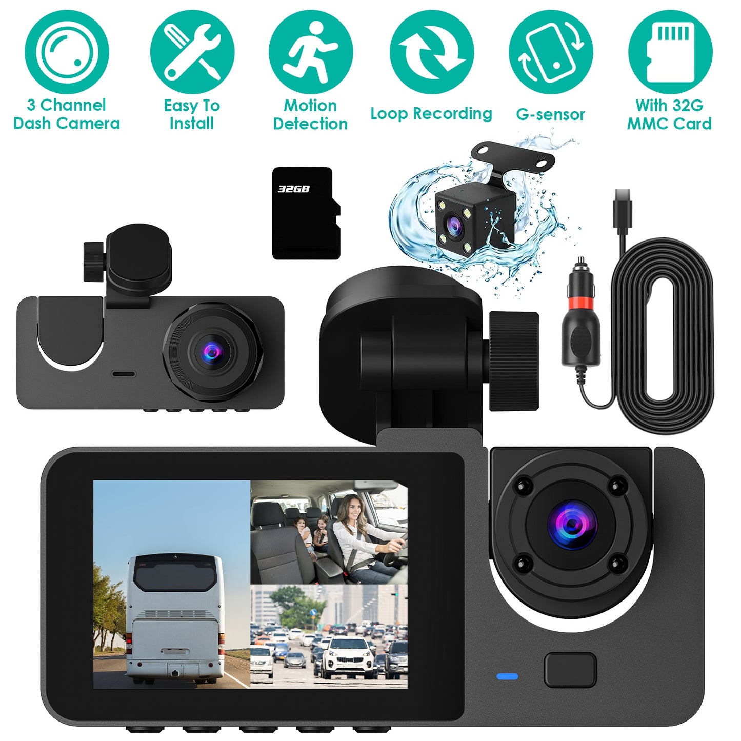 3 Channel Dash Cam Front Inside Rear Vehicle Driving Recorder Car DVR With 32G MMC Card.