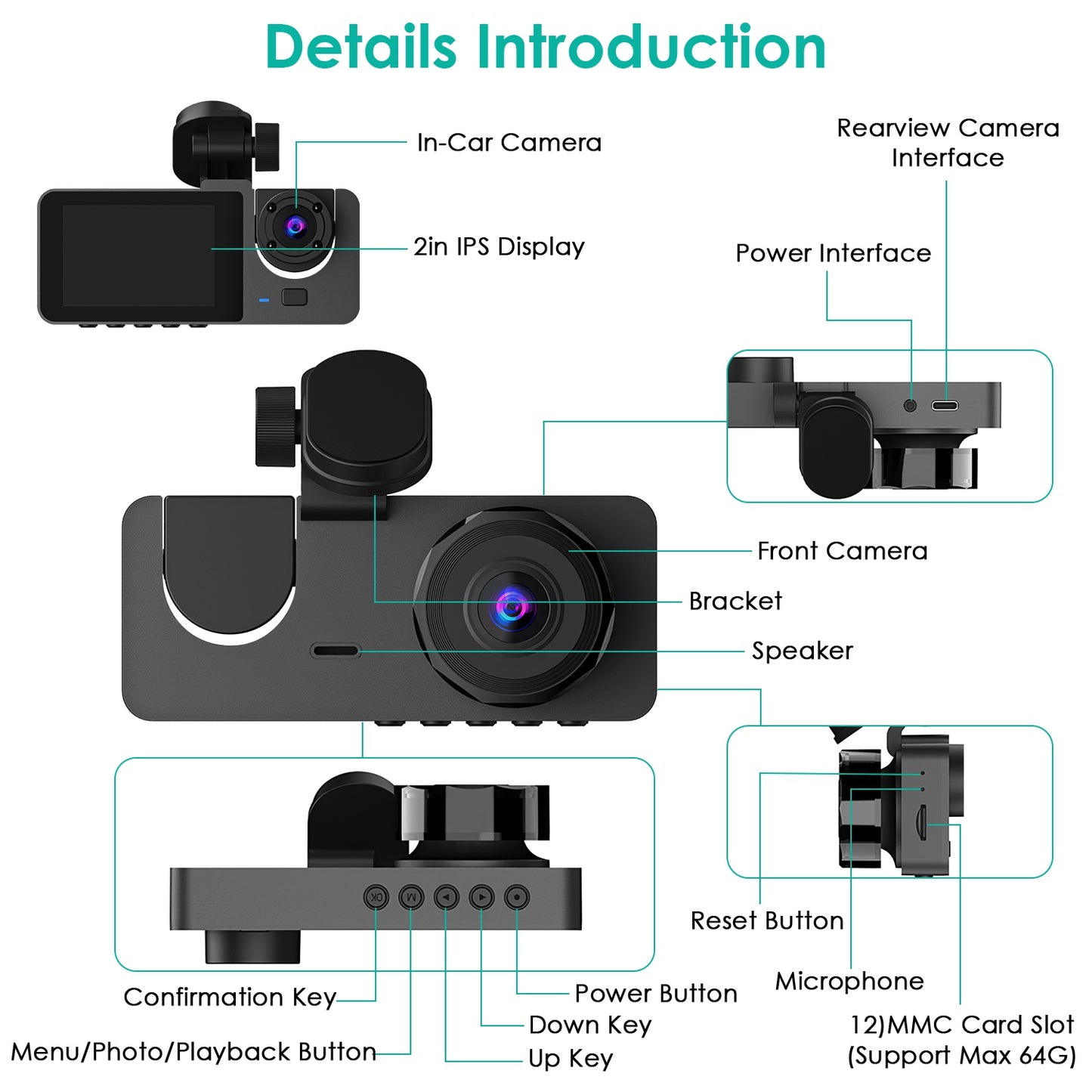 3 Channel Dash Cam Front Inside Rear Vehicle Driving Recorder Car DVR With 32G MMC Card.