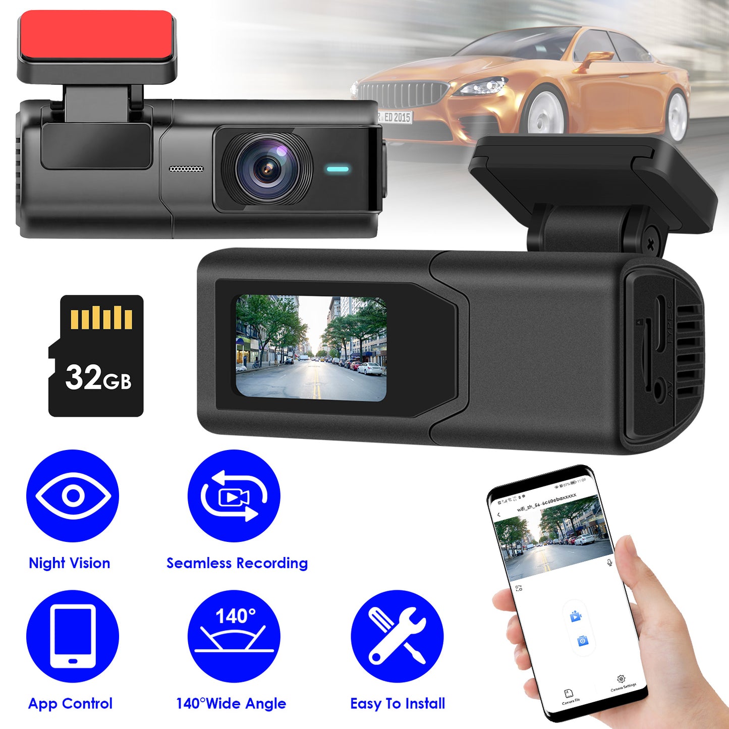 1Pc 2K HD Front Dash Cam For Car With IPS Screen Night Vision Loop Recording Included 32G Storage Card.